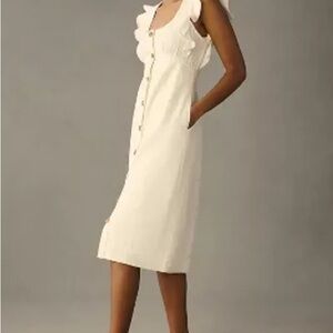 NWOT Pilcro for Anthropologie Scoop Neck White Button Down Dress w/ Ruffle